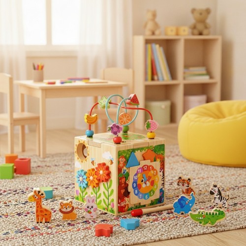 Wooden activity cube 1 - activity, 7-in-1
